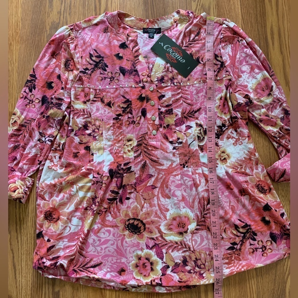 COCOMO 1X Pink Floral Plus Size 3/4 sleeve women’s Pintuck Blouse top sh… - Picture 11 of 12